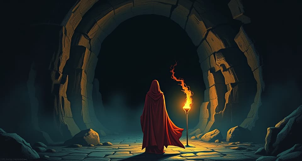  a dark tunnel lit by a solitary torch, large busted woman in form fitting robes, hesitant, standing at the entrance, aura of unpreparedness for a daunting journey. the style is digital art illustration / modern comic book / mysterious occult, symbolic, esoteric vibe,high detail on character design, incorporating ancient egyptian symbology and attire.