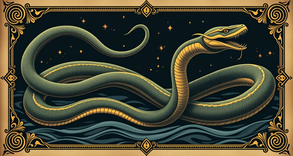  a subtle serpent hidden within modern patterns, glowing faintly, wisdom, transformation, subtle revelation. an illustration in the style of a worn, mystical old tarot trump card, mysterious and elements of surrealism. the colors are muted, somber and eerie, but with contrast bring out an occult and esoteric vibe.