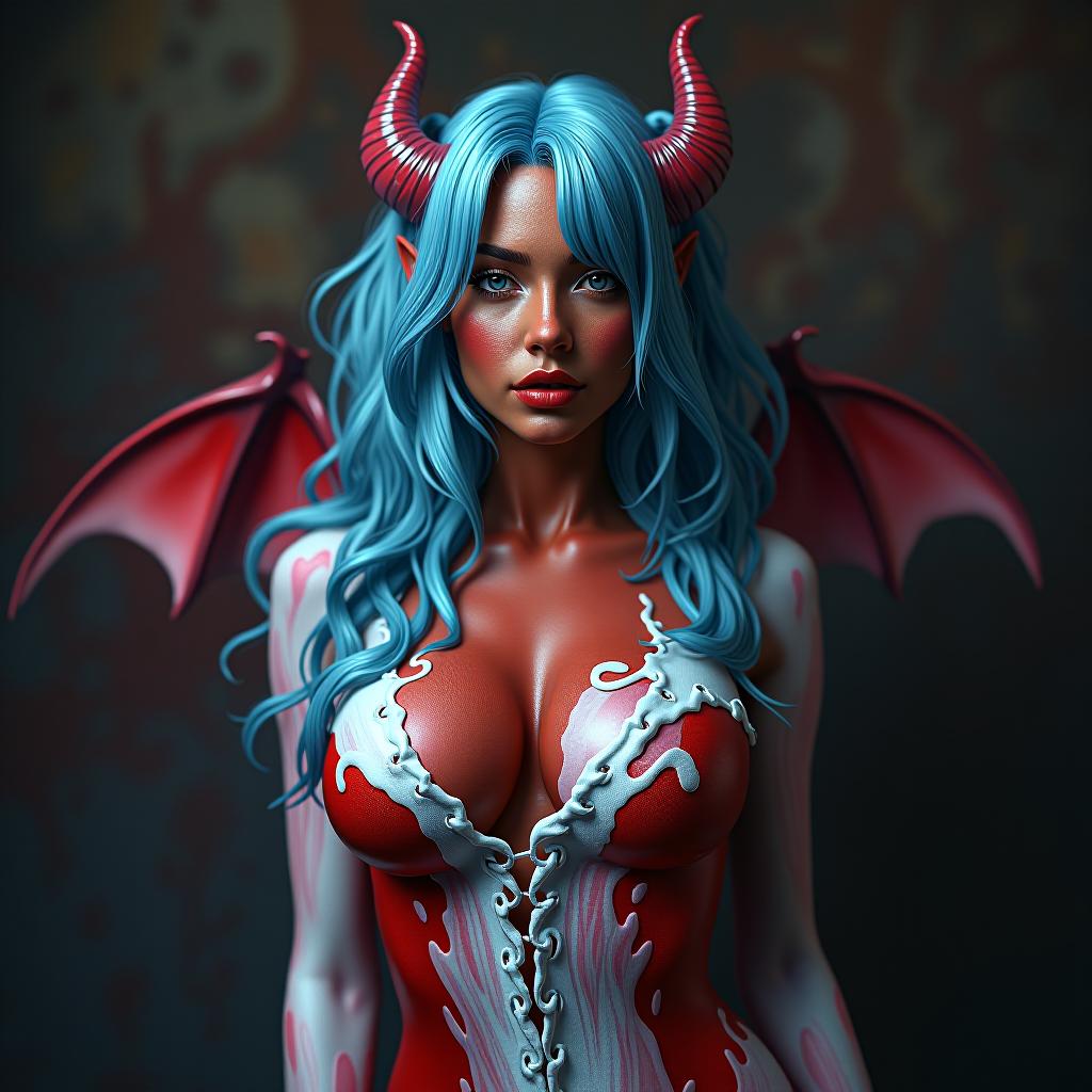  red skinned succubus busty blue hair covered in milk, award winning, professional, highly detailed, masterpiece