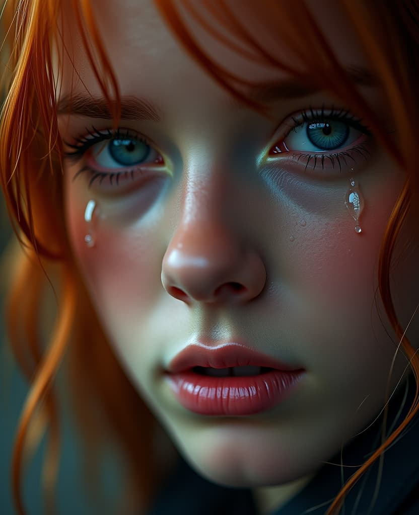  a face with blue eyes with a red hair, in the style of detailed atmospheric portraits, tears run down on face, face, hair, rain drops run down, heavy rain, sparkling water reflections, hyper detailed ilrations, wandering eye, fujifilm eterna vivid 500t, intense closeup, is captured with astonishing clarity, crystal clear closeup photo finely detailed eyes, moody, epic scene, epic composition, photography, cinematic lighting, volumetric lighting, ethereal light, intricate details, extremely detailed volumetric rays, super realistic photo hyperrealistic, full body, detailed clothing, highly detailed, cinematic lighting, stunningly beautiful, intricate, sharp focus, f/1. 8, 85mm, (centered image composition), (professionally color graded), ((bright soft diffused light)), volumetric fog, trending on instagram, trending on tumblr, HDR 4K, 8K