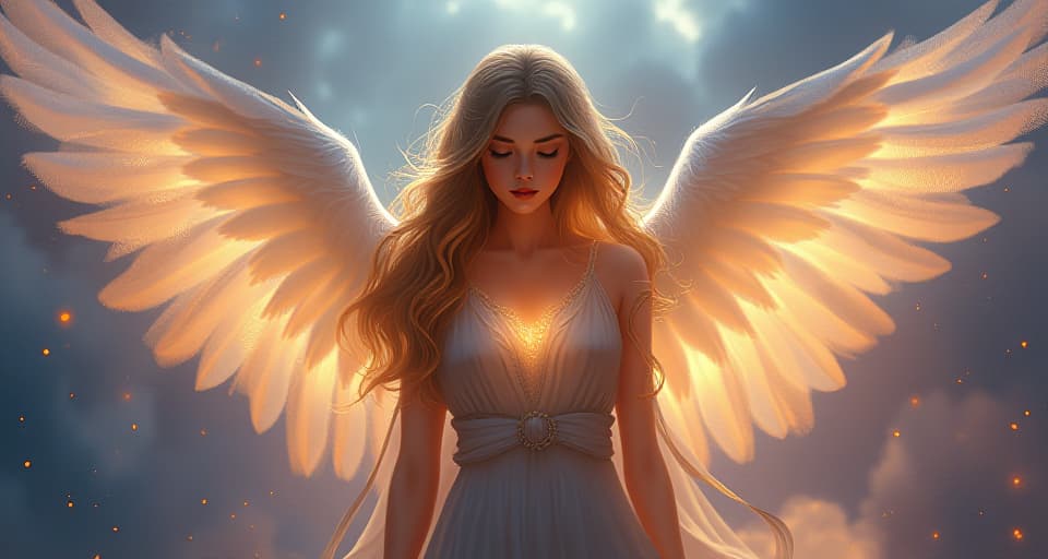  an angelic figure with radiant wings, softly glowing in the twilight, her presence calming and her expression understanding, hinting at an unspoken knowing.. the style is digital art illustration,highly detailed, whimsical,magical, dreamlike atmosphere, realism and fantasy blend, smooth, glossy textures,luminous quality, wonder and enchantment.