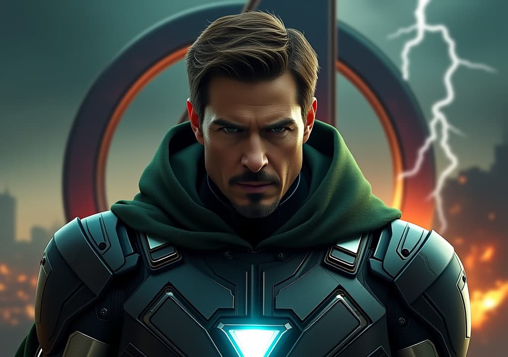  good quality, high quality, a hyper realistic movie poster for "avengers secret war" starring tom cruise as unlimate iron man. he is depicted with a sinister expression, wearing a heavily armored, dark green cloak. the background shows a war torn city in shadows, with the avengers logo partially illuminated by crackling energy.