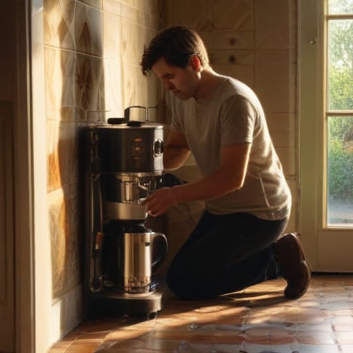 A photo of a skilled technician repairing a malfunctioning coffee machine in a cozy kitchen during early morning with soft, golden sunlight filtering through a sheer curtain, casting warm and inviting shadows across the vintage tile floor.