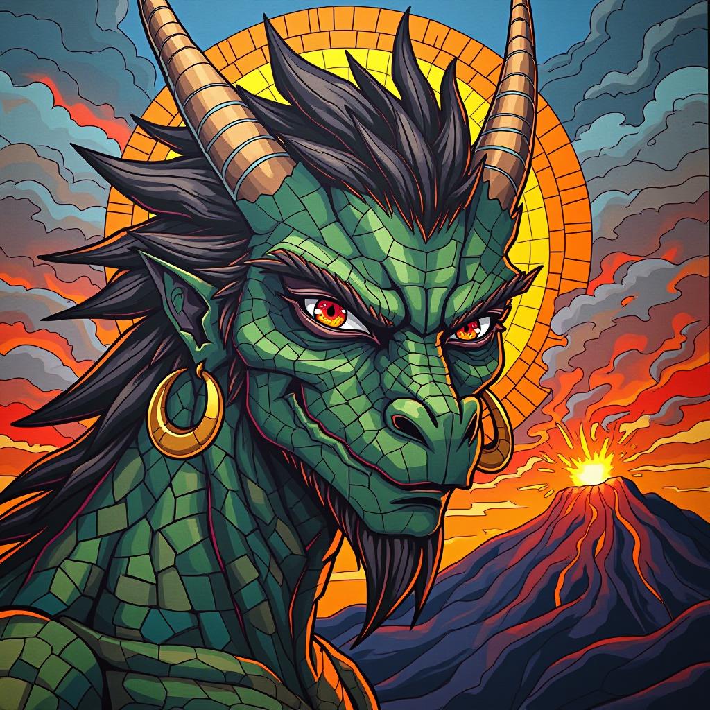  man, dragon, halo, multicolored eyes, crescent earrings, angry, volcano, mosaic art