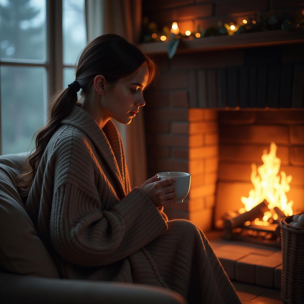  a girl is sitting by the fireplace in the evening with a cup of tea, wrapped in a blanket. hyperrealistic, full body, detailed clothing, highly detailed, cinematic lighting, stunningly beautiful, intricate, sharp focus, f/1. 8, 85mm, (centered image composition), (professionally color graded), ((bright soft diffused light)), volumetric fog, trending on instagram, trending on tumblr, HDR 4K, 8K