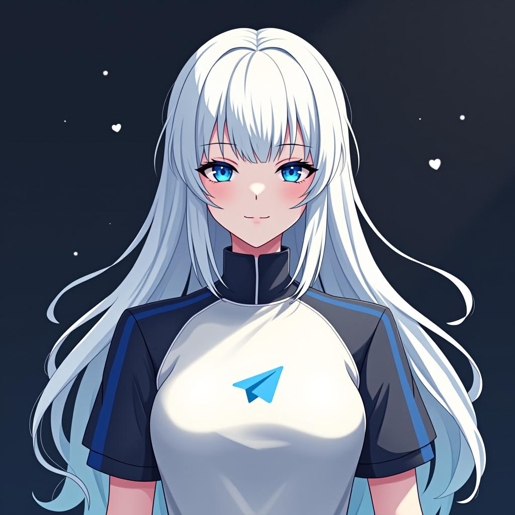  create an image of a character inspired by emilia from re:zero, featuring long white hair and an elegant appearance. the character should be wearing a shirt with the telegram logo, embodying peace and serenity. the design should be background, and include the name 'emilia' in a logo font