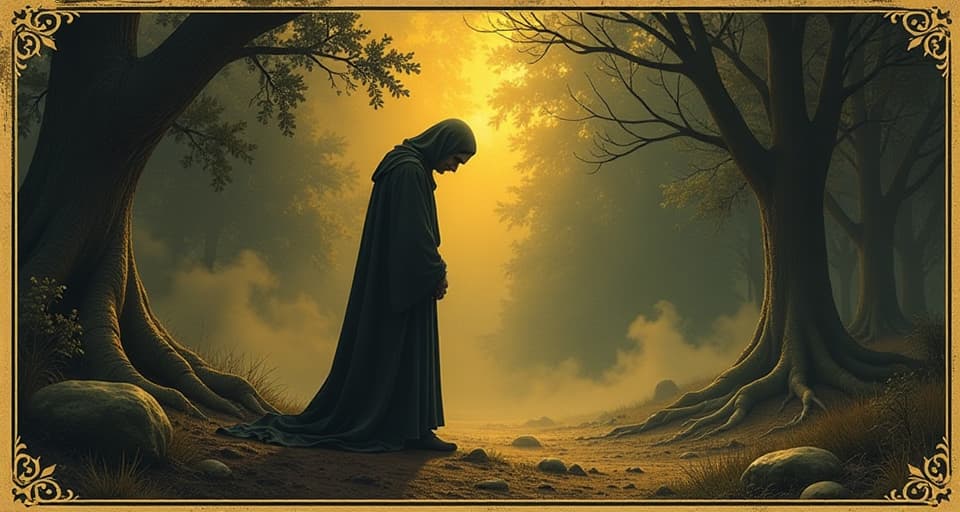  solitary figure in simple robes amidst luxury, head bowed, golden light surrounding them, humbling presence, divine grace. an illustration in the style of a worn, mystical old tarot trump card, mysterious and elements of surrealism. the colors are muted, somber and eerie, but with contrast bring out an occult and esoteric vibe.