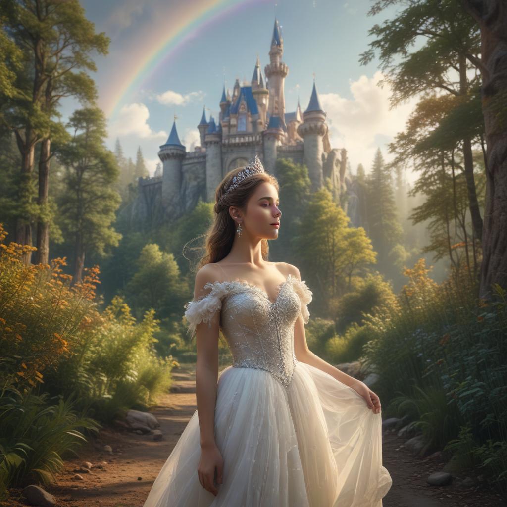 ((masterpiece)),(((best quality))), 8k, high detailed, ultra detailed, A little princess, tiara, castle in the background, magical forest, unicorns frolicking, rainbow in the sky hyperrealistic, full body, detailed clothing, highly detailed, cinematic lighting, stunningly beautiful, intricate, sharp focus, f/1. 8, 85mm, (centered image composition), (professionally color graded), ((bright soft diffused light)), volumetric fog, trending on instagram, trending on tumblr, HDR 4K, 8K