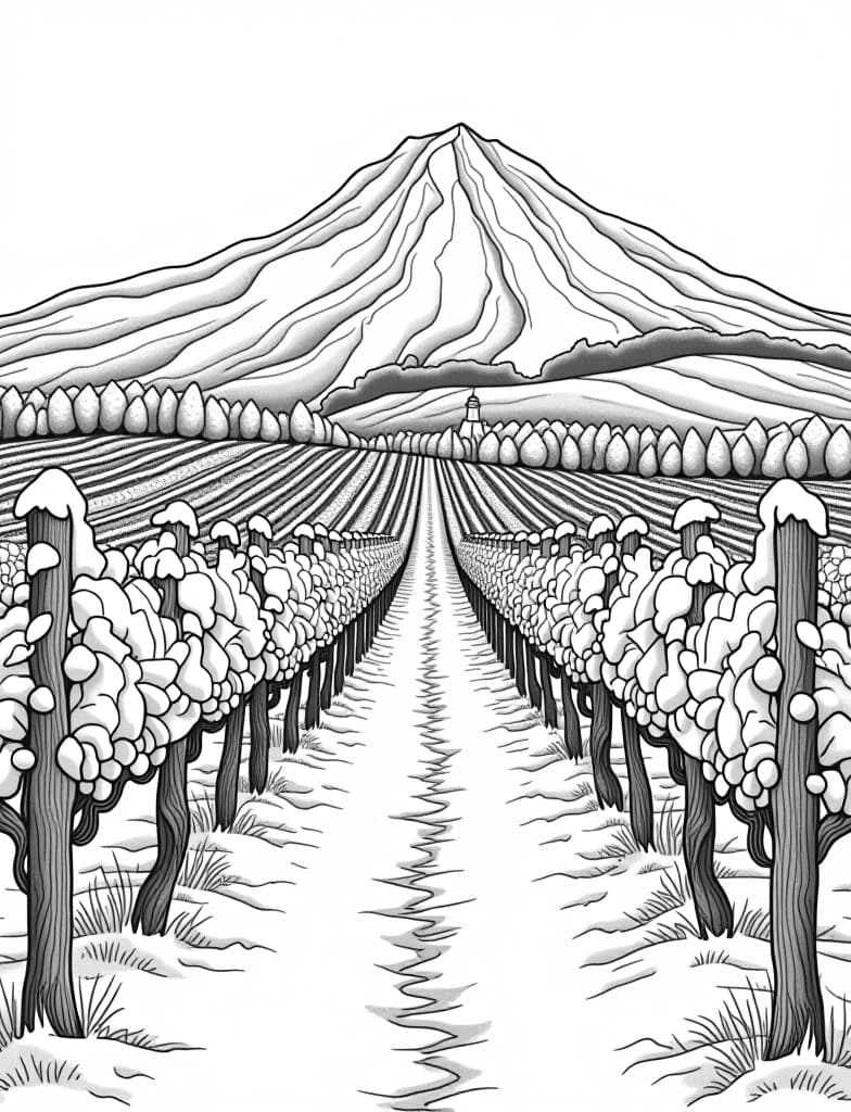  this is for an adult coloring page. a detailed black and white line art of a snowy snow covered vineyard with a snow capped mountain in the background on a solid white background.