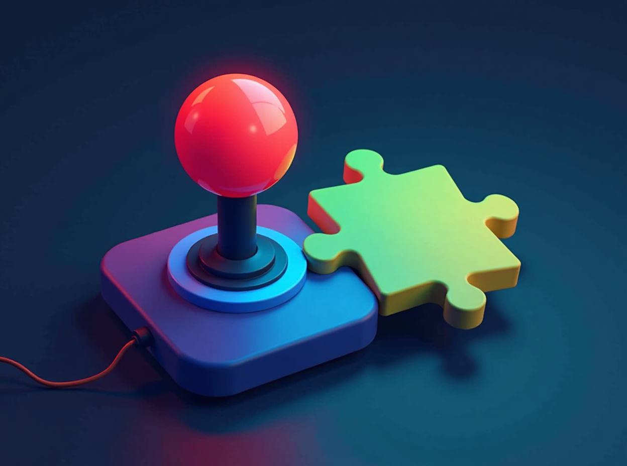  design an icon featuring a colorful joystick and a puzzle piece. the joystick should be bright red and blue, symbolizing excitement in gaming, while the puzzle piece should be green and yellow, representing diversity in game selection., high quality, high details, hd, perfect composition, 4k epic detailed, highly detailed, sharp focus, high resolution