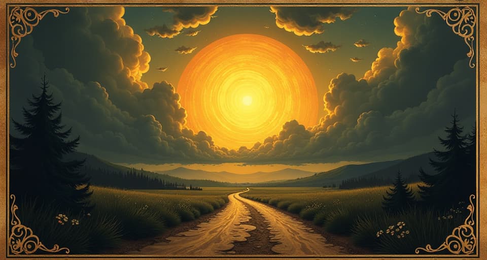  golden rays breaking through clouds, illuminating a path, sky painted with ombre hues, sense of awakening, promise. an illustration in the style of a worn, mystical old tarot trump card, mysterious and elements of surrealism. the colors are muted, somber and eerie, but with contrast bring out an occult and esoteric vibe.