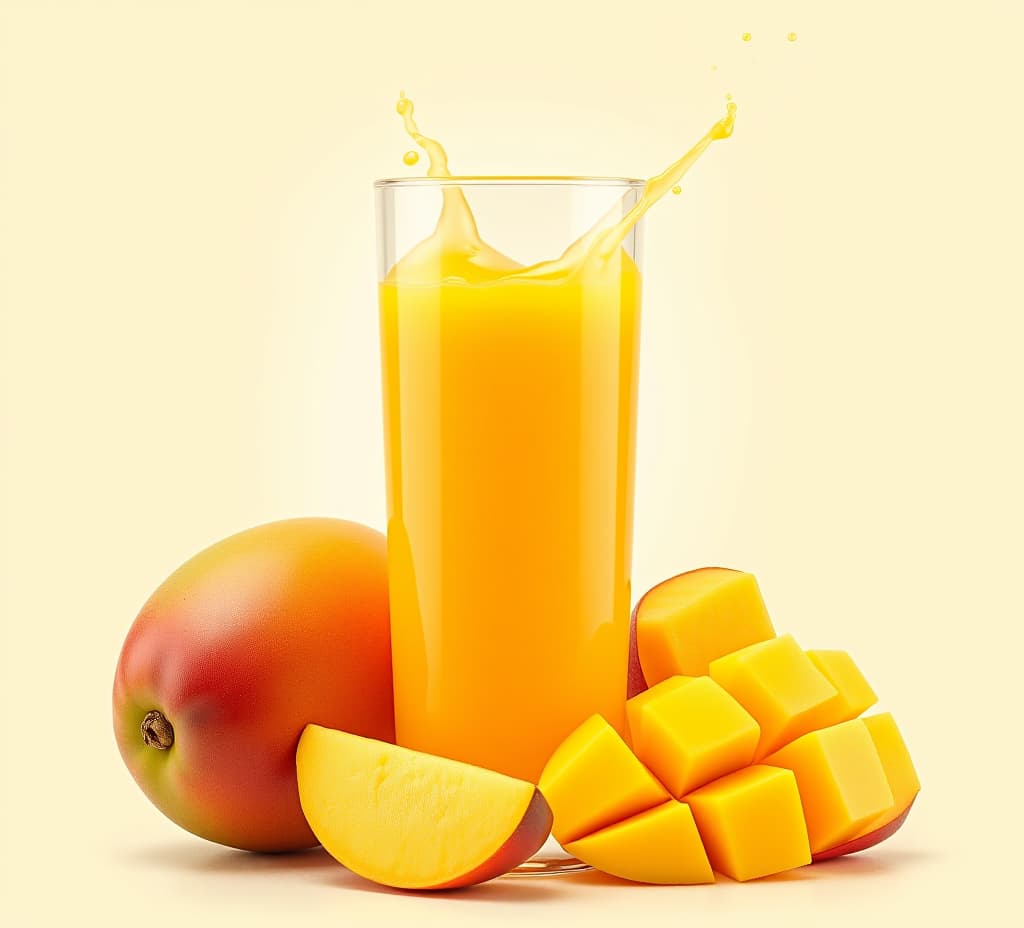  fresh mango pulp and bright juice splash, showing delicious fruits and vitality.