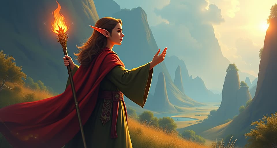  a noble elf making a decisive gesture, holding a glowing staff. the surrounding landscape, bright and vivid, symbolizes newfound clarity. vivid landscape, decisive action, glowing staff.. the style is digital art illustration,highly detailed, whimsical,magical, dreamlike atmosphere, realism and fantasy blend, smooth, glossy textures,luminous quality, wonder and enchantment.