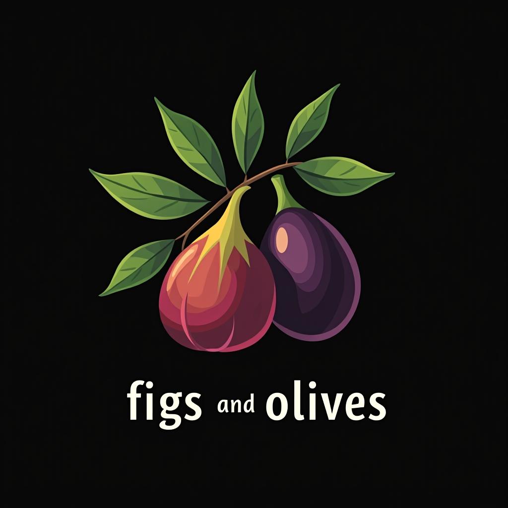  design a logo, fig leaf and olives, black background, with the text 'figs and olives'.