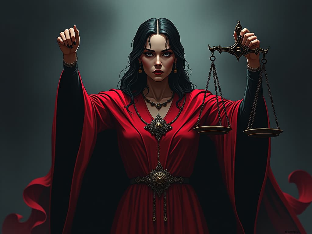  justice figure in red robes, holding scales, stern expression, air of accountability. the style is digital art illustration / modern comic book / graphic dark novel fantasy and mysterious occult, symbolic, moody lighting, esoteric vibe,high detail on character design. for the color scheme emphasize blacks and reds.