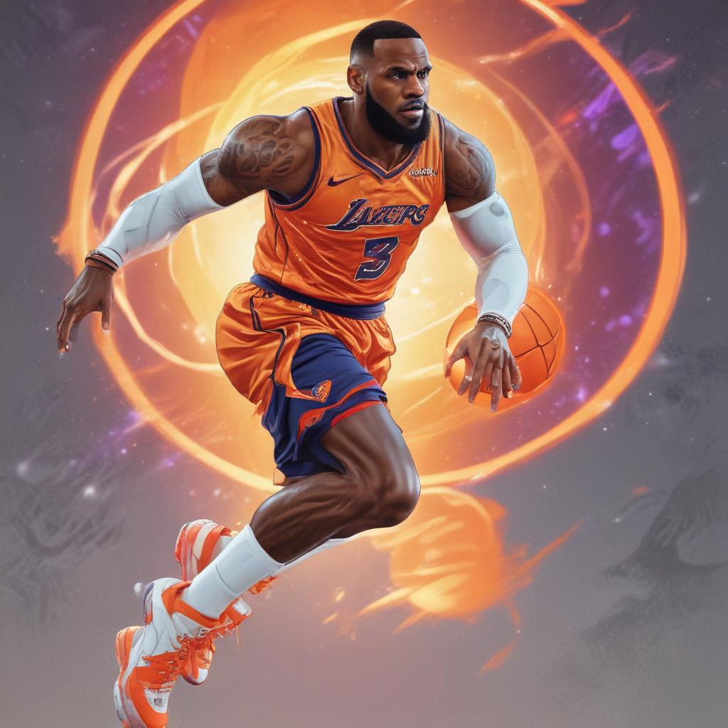 distance-shot, flashy, full-body, dynamic, holographic, animated cartoon poster of lebron james in the style of dragon ball super