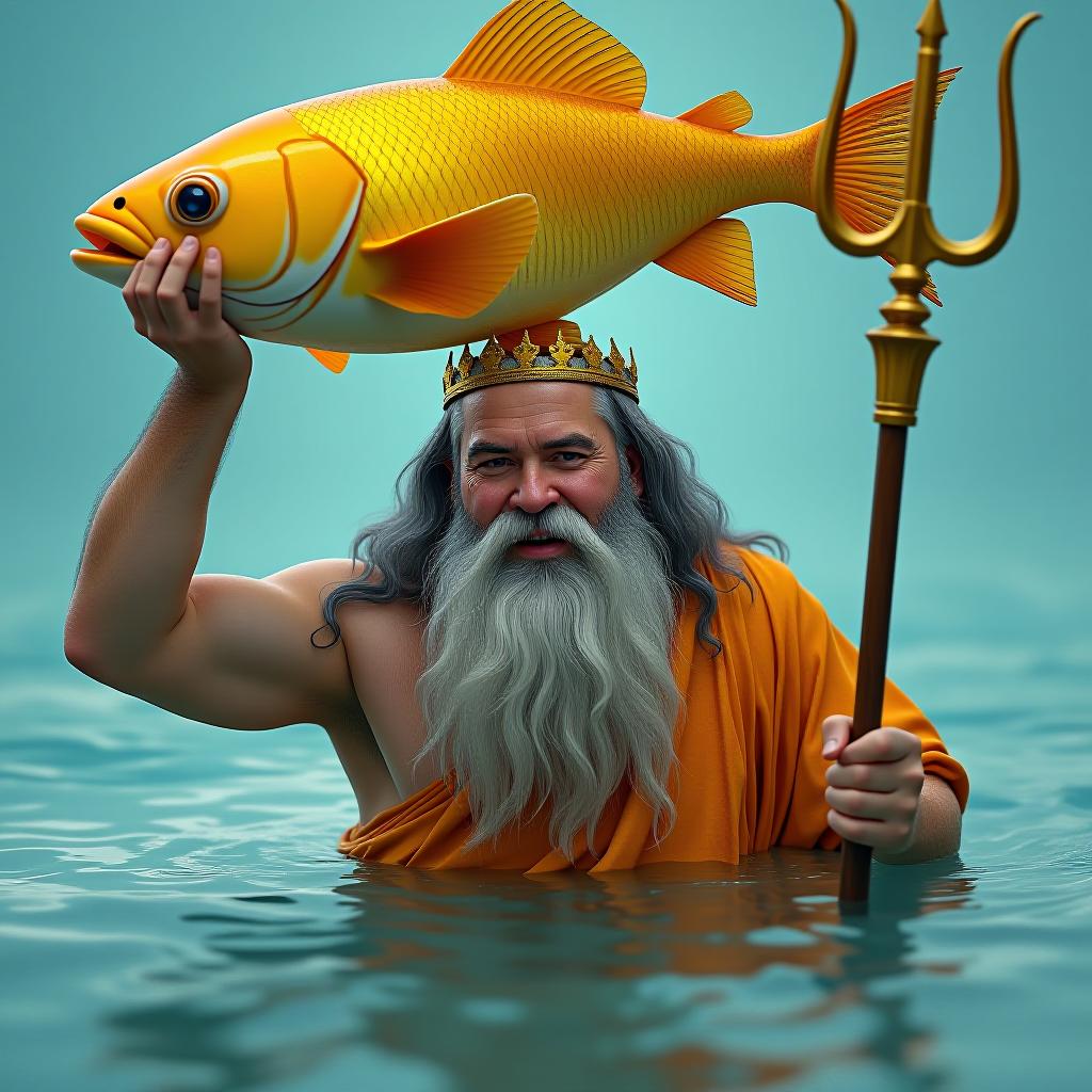  it depicts a hilarious scene with a gray haired, bearded man, probably a greek or roman god, who comes shoulder deep out of light blue water. the character has long loose hair and a beard that reaches to his upper chest, with several strands falling over his shoulders and chest. on his head he has a golden crown decorated with small decorative dots and pointed ends. in his right hand he holds a golden trident with a wooden handle, while his left hand is raised and holds a large golden fish above his head. the fish has a bright golden yellow color with darker orange fins and tail, a smooth scale pattern and a friendly facial expression with large round eyes and a slight smile. it has an open mouth, from which a red tongue is visible, as well hyperrealistic, full body, detailed clothing, highly detailed, cinematic lighting, stunningly beautiful, intricate, sharp focus, f/1. 8, 85mm, (centered image composition), (professionally color graded), ((bright soft diffused light)), volumetric fog, trending on instagram, trending on tumblr, HDR 4K, 8K