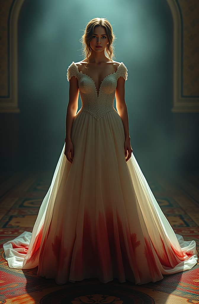  blood stained wedding dress hyperrealistic, full body, detailed clothing, highly detailed, cinematic lighting, stunningly beautiful, intricate, sharp focus, f/1. 8, 85mm, (centered image composition), (professionally color graded), ((bright soft diffused light)), volumetric fog, trending on instagram, trending on tumblr, HDR 4K, 8K