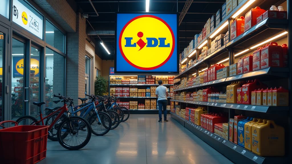  generate an image of a complex composition showcasing a deceptively alluring fake online shop disguised as lidl. include diverse products like e bikes, strollers, and toolkits with lidl's logo. capture the seductive illusion of extremely low prices through visually striking bargains. depict the psychological tactic of time pressure with looming deadlines and urgency. illuminate the theme of deception with intricate details like hidden traps and a sense of danger. create a visually rich and emoti