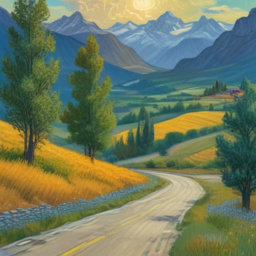 Mountains, trees, field, winding road, GM car in Van Gogh style with Mountains background