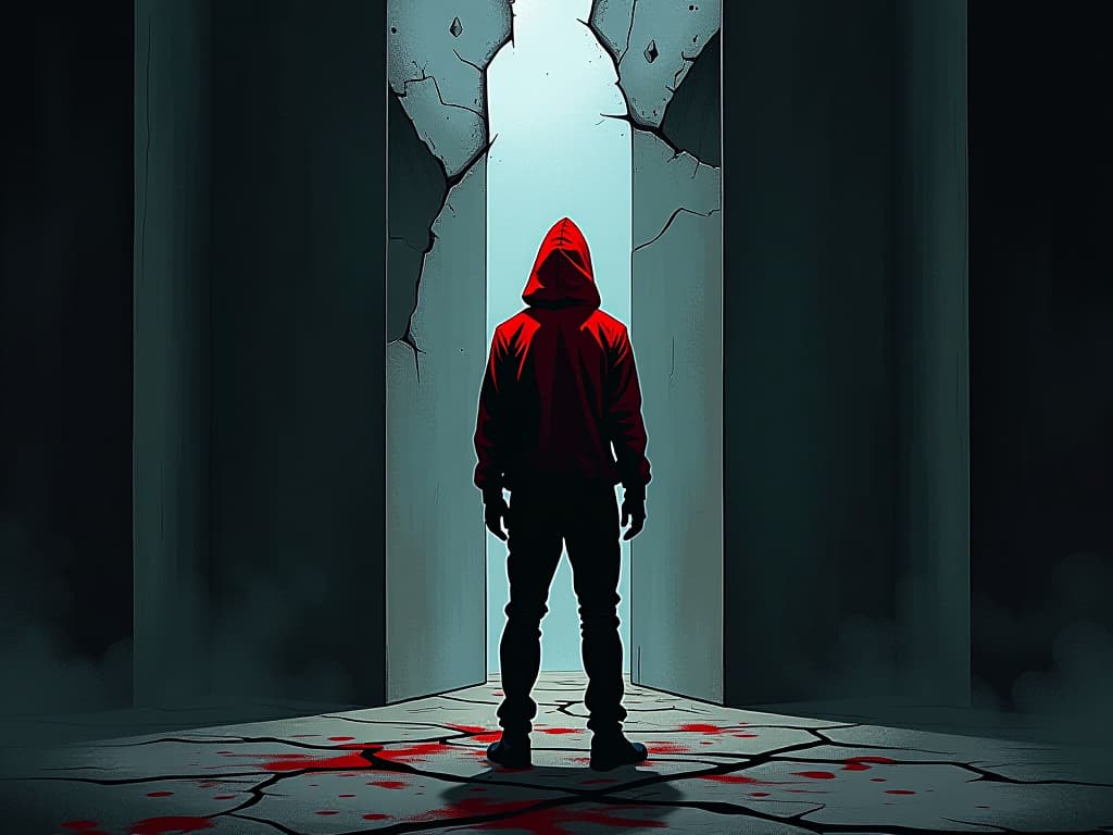  colleague in red hoodie, standing alone in a broken mirror room, cracks reflecting internally and externally, mood of consequence and impact. the style is digital art illustration / modern comic book / graphic dark novel fantasy and mysterious occult, symbolic, moody lighting, esoteric vibe,high detail on character design. for the color scheme emphasize blacks and reds.