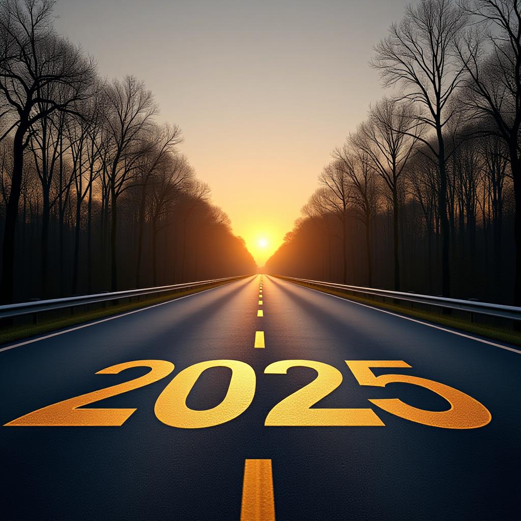  new year 2025, concept photo written on the road in the middle of asphalt road at morning, a conceptual photo of the path leading to a bright future