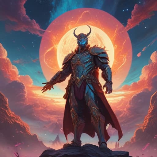 In a futuristic cityscape, a majestic figure stands tall, surrounded by glowing orbs of swirling time energy. Chronus, the Time Monarch, exudes power and wisdom as he controls the flow of time itself. His armor shimmers with a divine light, reflecting the colors of the digital sky above. As he raises his hand, a wave of temporal energy washes over the battlefield, protecting him from harm and restoring his vitality. The very fabric of reality bends to his will, ensuring his reign is eternal. fantastical creatures or characters inspired by mythology, folklore, or popular culture. use vibrant colors, sharp lines, intricate details, dynamic poses, dramatic lighting, atmospheric backgrounds, and blend anime, manga, and Western comic influences.