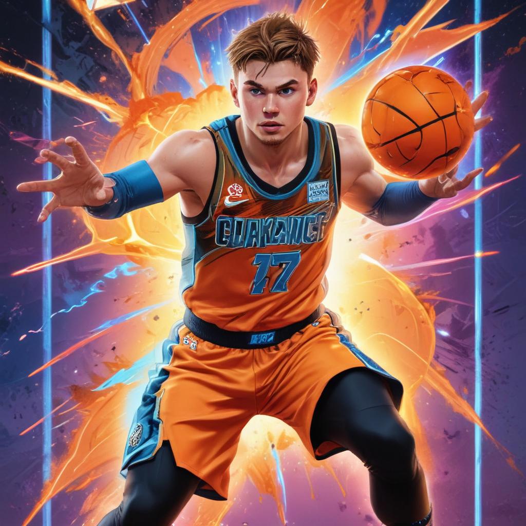 distance-shot, flashy, full-body, dynamic, holographic, animated cartoon poster of luka doncic in the style of dragon ball super