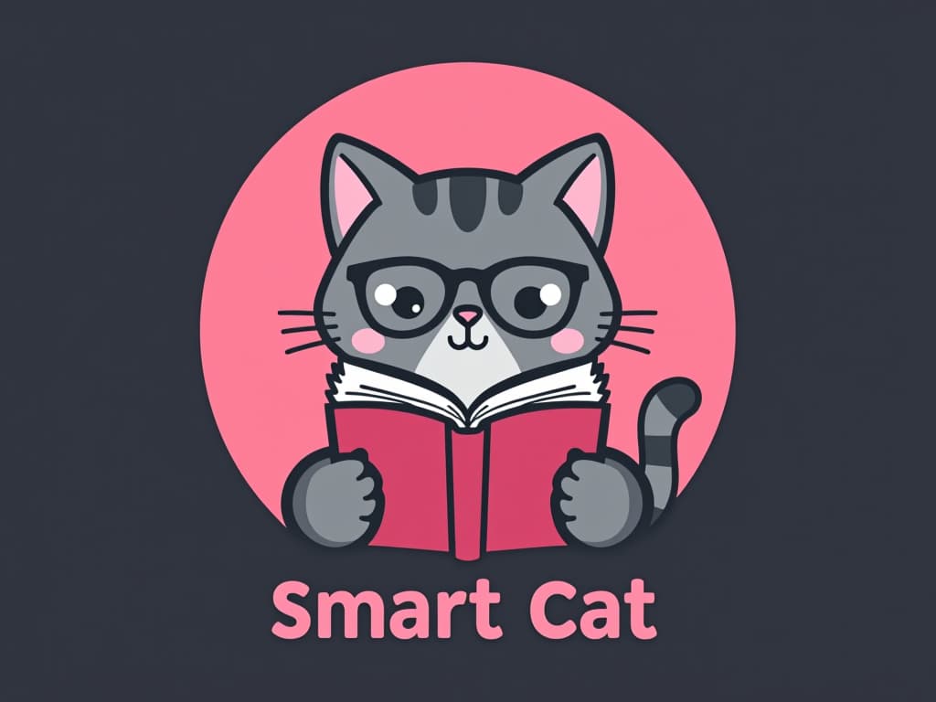  design a logo, a gray cat with white spots reading with some glasses, pink background , with the text 'smart cat'.