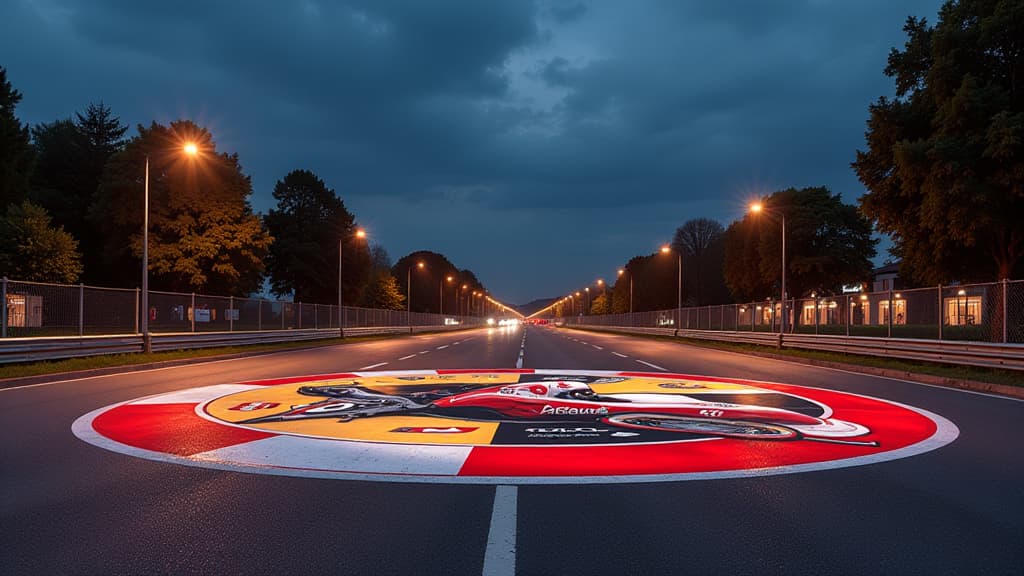  create an ultra realistic image capturing the emotional tribute to late motogp rider marco simoncelli in his hometown of coriano. show a 5 meter long artwork in a roundabout, designed by artist aldo drudi, depicting simoncelli in four different images. include mayor gianluca ugolini, simoncelli's father paolo, and the logos of motogp. fill the scene with vibrant colors, intricate details, and luminous lighting to convey a sense of reverence and appreciation for the legendary racer's legacy.