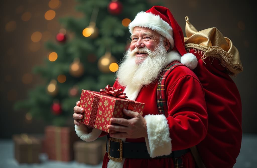  christmas, santa claus, gifts, santa claus bag, boxes, bokeh, santa claus holding boxes, background, gold, santa claus full length, postcard ar 3:2 {prompt}, maximum details