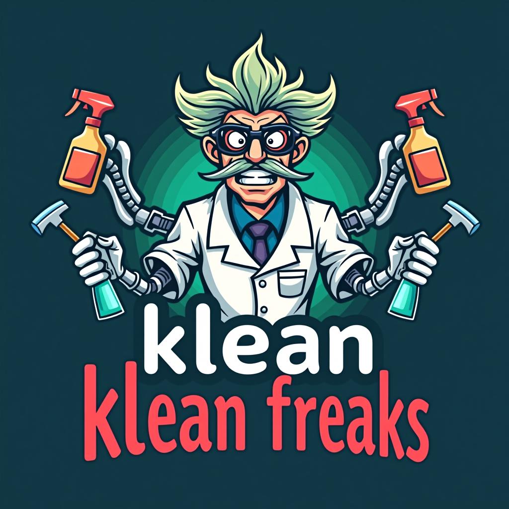  design a logo, a mad scientist with mechanical arms holding cleaning supplies . title klean freaks , with the text 'klean freaks '.