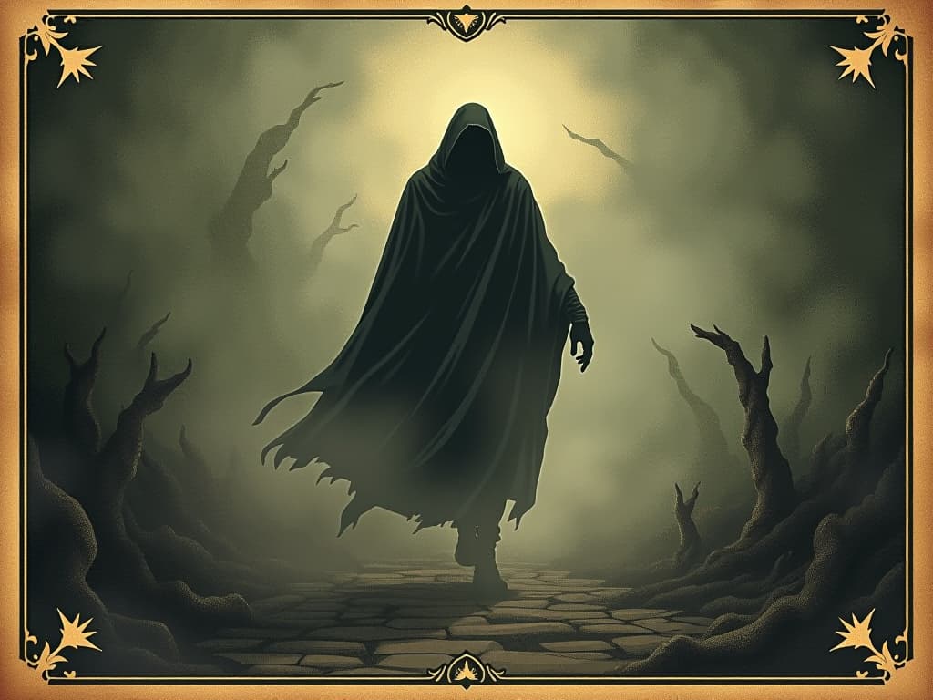  a figure moving forward, surrounded by fading shadows, undeterred focus, perseverance, unstoppable force. an illustration in the style of a worn, mystical old tarot trump card, mysterious and elements of surrealism. the colors are muted, somber and eerie, but with contrast bring out an occult and esoteric vibe.