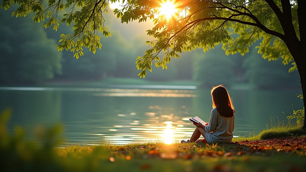  the girl sat by the lake and read quietly. the sun shone on her through the leaves, and the scenery was peaceful and beautiful