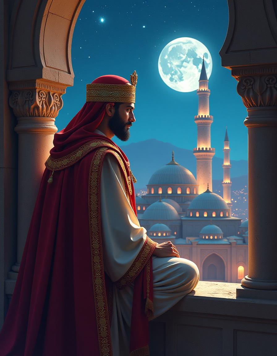  ethereal fantasy concept art of (masterpiece, graphic poster, digital vector graphic:1.4). layers. caliph lord of ancient baghdad in a ceremonial robe, diamond turban and saber and beautiful scheherazade at the window of the mosque on the background of minarets and moonlit night. (based on the fairy tales of one thousand and one nights). high resolution. high detail. increased attention to fine detail. 64k. . magnificent, celestial, ethereal, painterly, epic, majestic, magical, fantasy art, cover art, dreamy