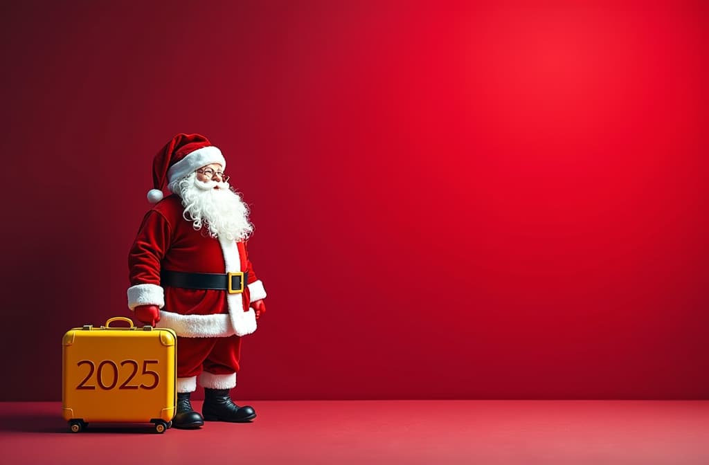  background with a gradient from burgundy to bright red. in the lower left corner of the image is santa claus with a yellow suitcase. on the suitcase are the numbers "2025", creating a festive mood. the whole composition is filled with the atmosphere of new year and christmas." {prompt}, maximum details