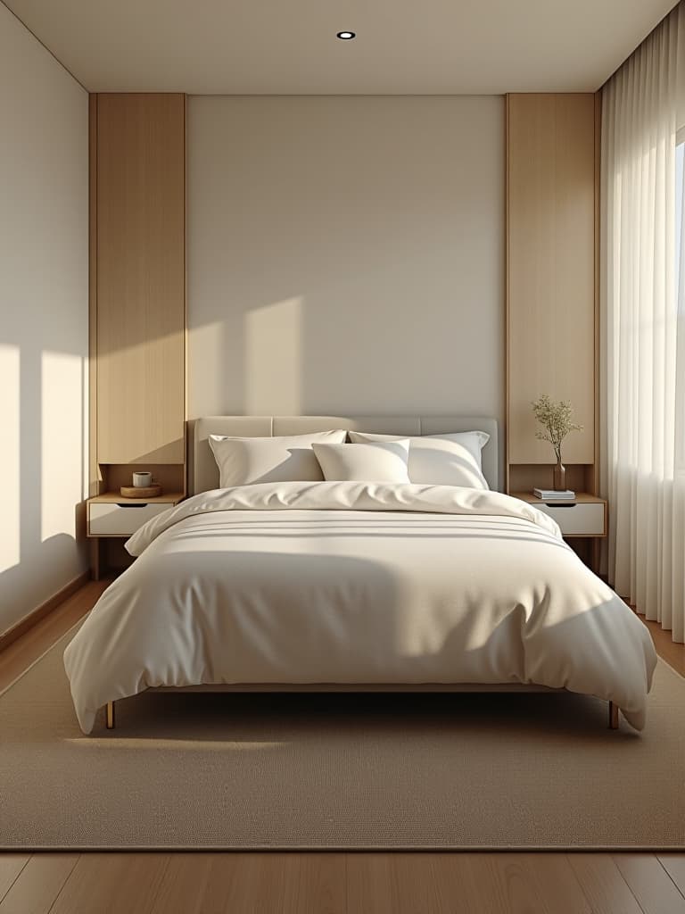  high quality portrait photo of a serene, minimalist bedroom with hidden storage solutions, soft lighting, and a calming color palette, viewed from a high angle hyperrealistic, full body, detailed clothing, highly detailed, cinematic lighting, stunningly beautiful, intricate, sharp focus, f/1. 8, 85mm, (centered image composition), (professionally color graded), ((bright soft diffused light)), volumetric fog, trending on instagram, trending on tumblr, HDR 4K, 8K