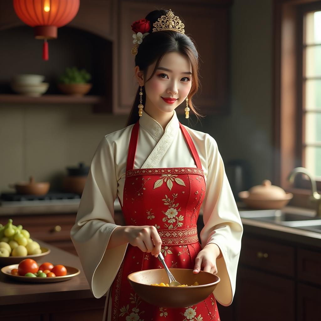  chinese princess from the ancient era, is in naked apron. the princess should have an elegant and regal appearance, cooking at kitchen room, high quality, high details, hd, perfect composition, 4k epic detailed, highly detailed, sharp focus, high resolution