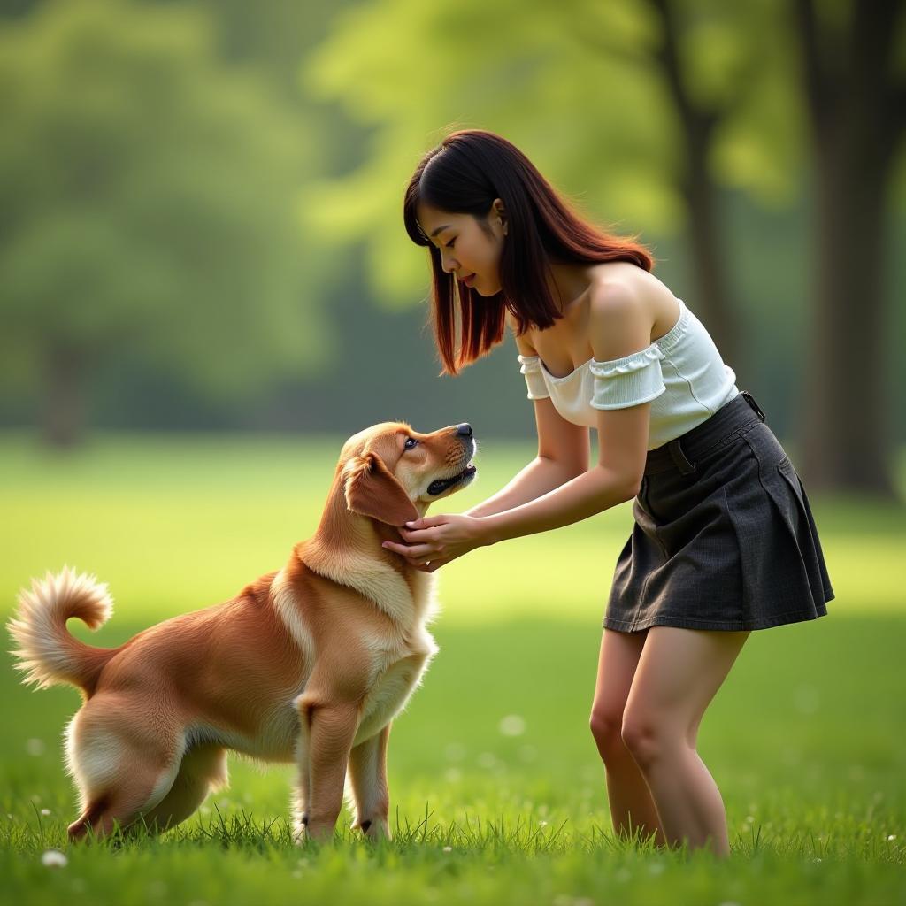  a asian girl in off shoulder crop top and short skirt, low cut, bend over to touch dog at park, high quality, high details, hd, perfect composition, 4k epic detailed, highly detailed, sharp focus, high resolution