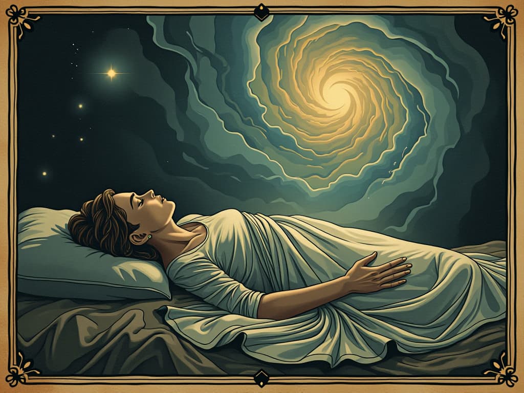  a sleeping figure enveloped in a cocoon of light, vivid dreamlike scenes floating around them, magical and serene energy, universe crafting visions. an illustration in the style of a worn, mystical old tarot trump card, mysterious and elements of surrealism. the colors are muted, somber and eerie, but with contrast bring out an occult and esoteric vibe.