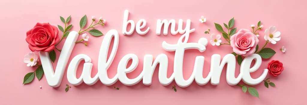  big white glossy word "be my valentine" decorated with red pink and white little flowers and green leaves, pink background, enough of empty space around the word, ar 3:1 {prompt}, maximum details