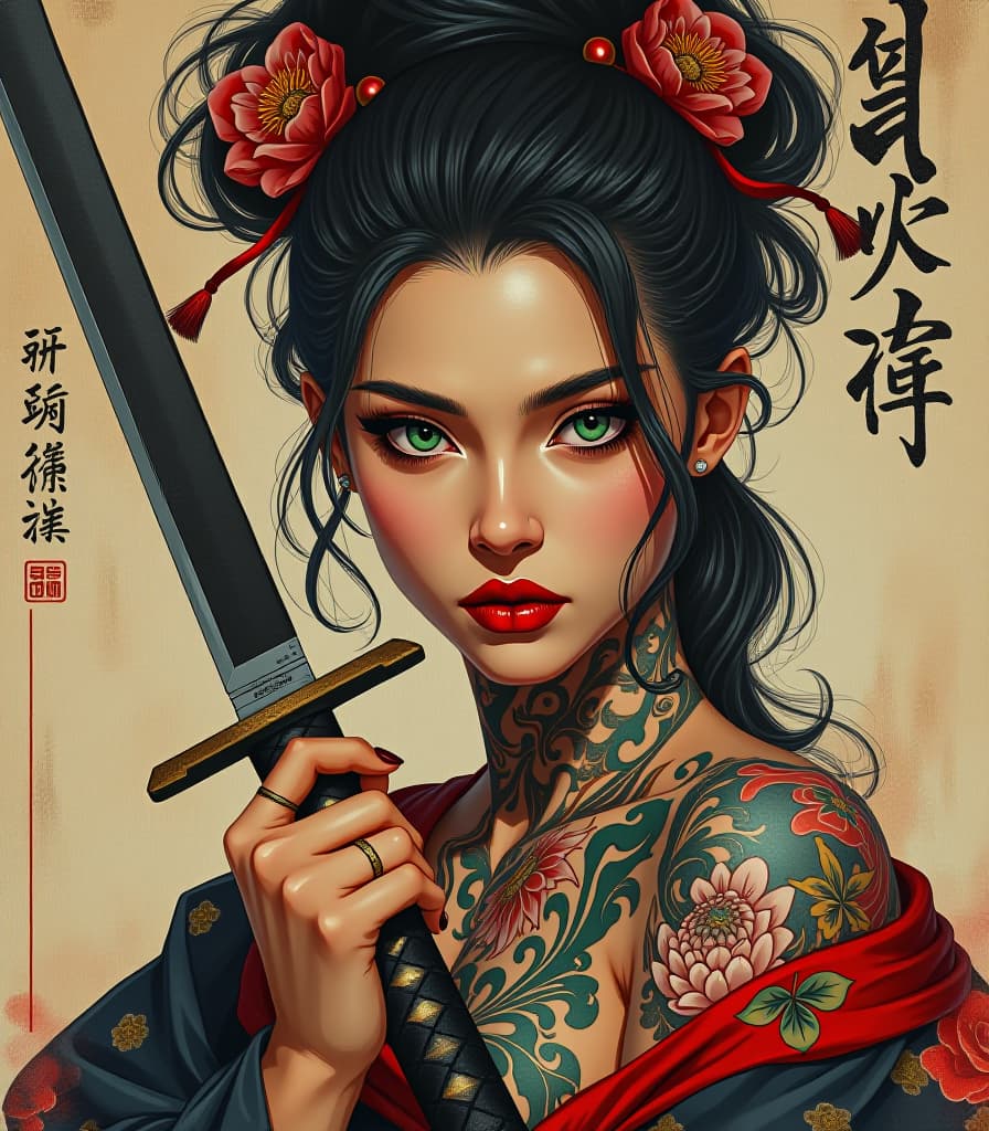  design a surreal and vint portrait of an incredible yakuza , half and adorned with intricate ritual tattoos. she holds a katana, symbolizing both beauty and danger, with her mesmerizing green eyes captivating the viewer. her hair is styled in a complex manner, adding to her enchanting aura. use energetic palette knife strokes to highlight the texture of the painting, making it appear as if she is emerging from the canvas itself. the background should be an abstract fusion of a chinese poster, providing a striking contrast to her form and enhancing the texture of the image. the overall composition should reflect a blend of surrealism and pop art, inviting viewers to explore the layers of meaning within the portrait hyperrealistic, full body, detailed clothing, highly detailed, cinematic lighting, stunningly beautiful, intricate, sharp focus, f/1. 8, 85mm, (centered image composition), (professionally color graded), ((bright soft diffused light)), volumetric fog, trending on instagram, trending on tumblr, HDR 4K, 8K