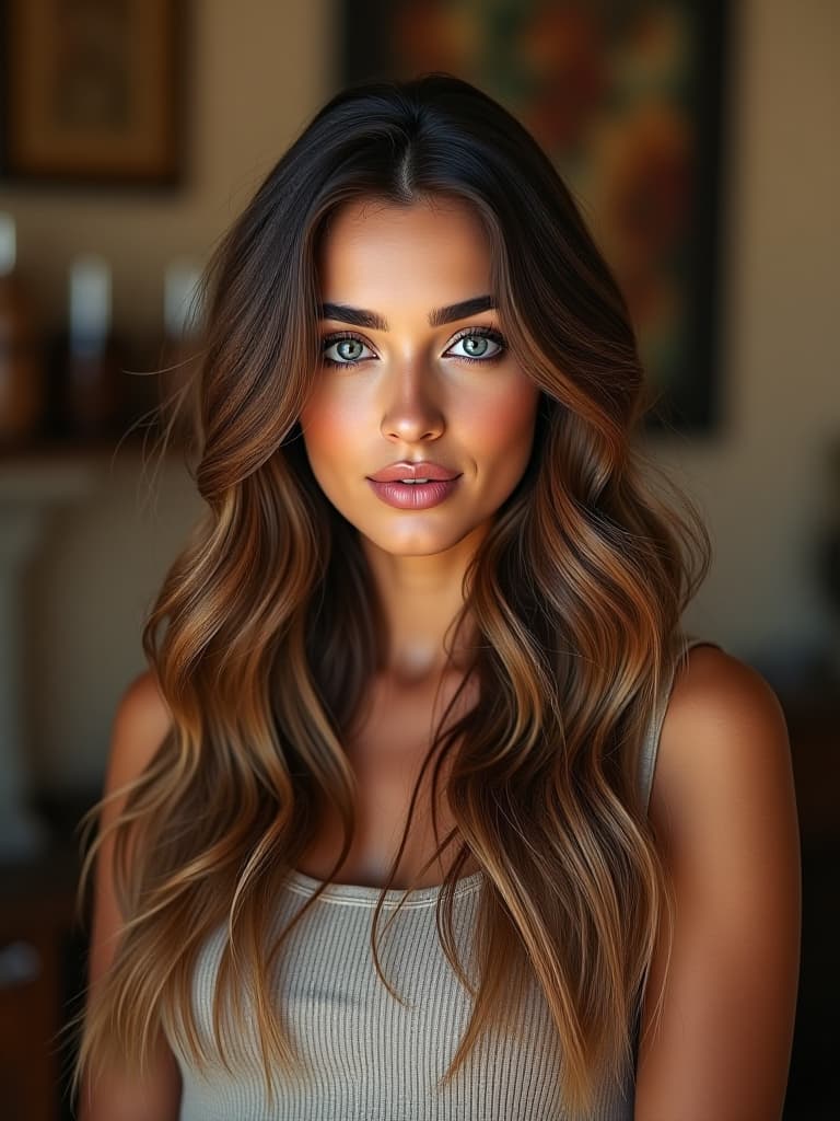  a stunning, unedited 8k photograph captures a portuguese woman with a unique hairstyle, featuring brown wavy long hair and intense gray blueish eyes. she is depicted in a tuscan style setting, characterized by warm earth tones, textured walls, and rustic elements. the image boasts a hyperrealistic, highly detailed appearance with bright, soft diffused light and symmetrical balance achieved through a wide angle 35mm f/2 lens. the scene, filled with dense furnishings and decorations, employs a professional color grade with a palette dominated by tide color (rgb 191, 184, 176), complemented by siam (rgb 100, 106, 84), and accented with zeus (rgb 41, 35, 25), judge gray (rgb 84, 67, 51), and saddle (rgb 76, 48, 36). the photograph also features