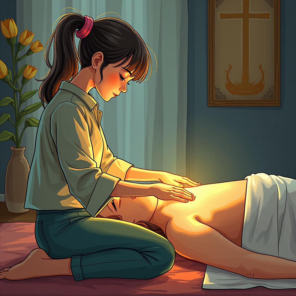  the girl conducts a reiki session for money.