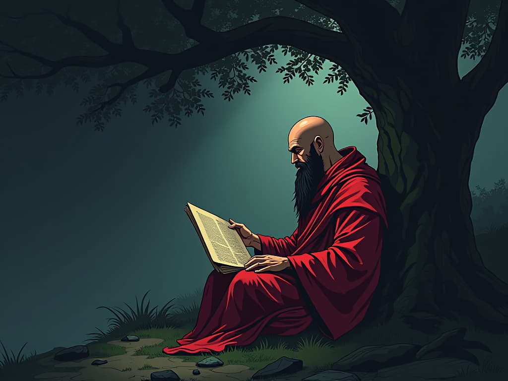  monk in red robes, meditating under tree, scroll in hand, sense of reflection and learning. the style is digital art illustration / modern comic book / graphic dark novel fantasy and mysterious occult, symbolic, moody lighting, esoteric vibe,high detail on character design. for the color scheme emphasize blacks and reds.