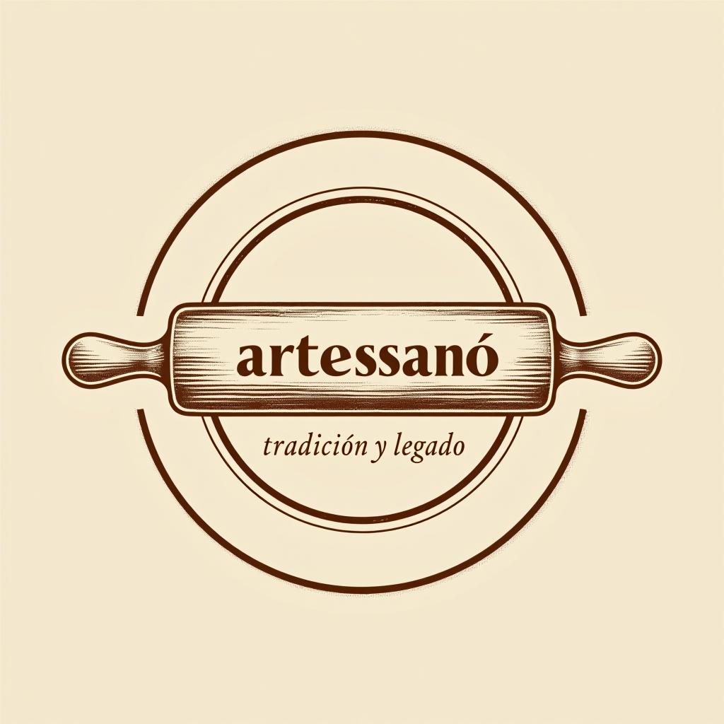  design a logo, in a pencil style. brand: “artessano” simple and elegant design circular design light and brown tones use a rolling pin image put the brand name inside the image of the rolling pin, with the text 'tradición y legado'.