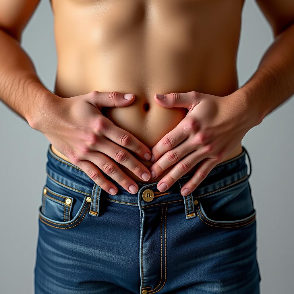  man dressed in jeans that with his hands covers the genitals