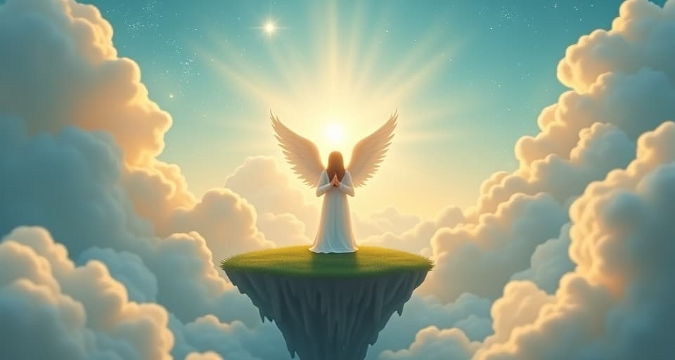  an ascendant angel, standing on a floating island amidst a sea of soft, ethereal clouds, hands lifted towards the heavens. a luminous light shines upon them, symbolizing the divine power of prayer. the mood, hopeful and faithful.. the style is digital art illustration,highly detailed, whimsical,magical, dreamlike atmosphere, realism and fantasy blend, smooth, glossy textures,luminous quality, wonder and enchantment.