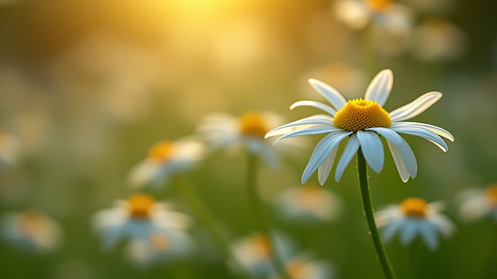  scenes about health and fitness, a close up of chamomile flowers with a soft focus background of a calming herbal garden. hyperrealistic, full body, detailed clothing, highly detailed, cinematic lighting, stunningly beautiful, intricate, sharp focus, f/1. 8, 85mm, (centered image composition), (professionally color graded), ((bright soft diffused light)), volumetric fog, trending on instagram, trending on tumblr, HDR 4K, 8K