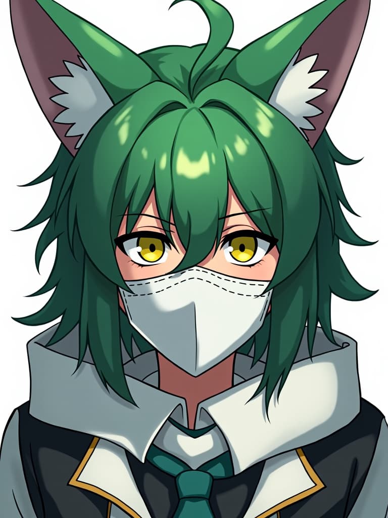  a green haired,fox eared character with half his face hidden by a white mask